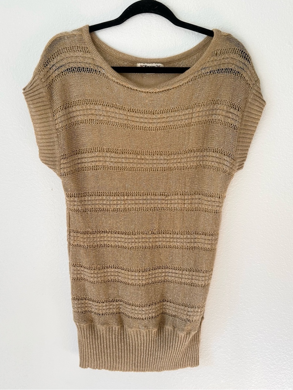 Forever 21 Tan Openwork Knit Short-Sleeve Sweater